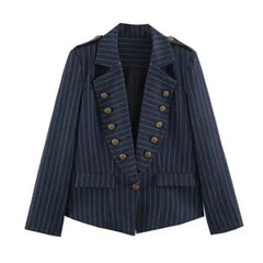 Dames Gestreepte Blazer Jas Eén Knoop Lange Mouwen Revers Pak Met Zakken Polyester Casual Kantoor Werk Bovenkleding