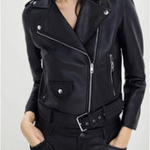 Dames Faux Leren Motorjas Kort Vintage Biker Moto Bovenkleding Met Riem Zilveren Rits