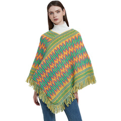 Vrouwen Retro Etnische Gebreide Poncho Sjaal Boheems Zigzagpatroon Kwastje V-Hals Trui Wrap Top Voor Winter Herfst Kerstmis