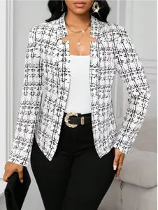 Dames Vintage Tweed Geruite Blazer Slim Fit Open Voorkant Cardigan Jas Kantoor Dame Werkkleding Herfst