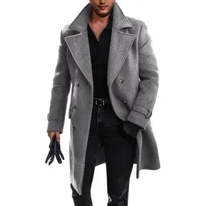 Heren Winter Verdikte Wolmix Overjas Dubbelgeknoopt Revers Trenchcoat Casual Lange Buitenjas