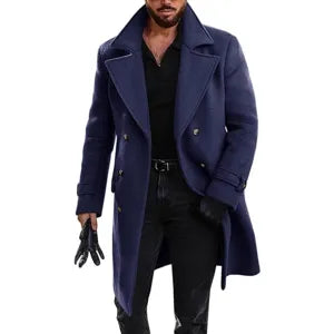 Heren Winter Verdikte Wolmix Overjas Dubbelgeknoopt Revers Trenchcoat Casual Lange Buitenjas