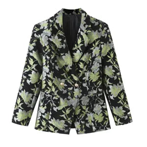 Dames Casual Lange Mouw Blazer Jas Dubbelrijig Revers Bloemen Jacquard Bovenkleding Middellang Kantoor Pak
