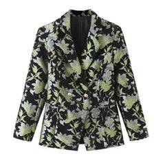 Dames Casual Lange Mouw Blazer Jas Dubbelrijig Revers Bloemen Jacquard Bovenkleding Middellang Kantoor Pak