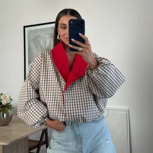 Dames Mode Geruit Losse Korte Jas Mantel Bedrukt Polyester Contrast Rood Kraag Lantaarnmouw Rits