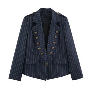 Dames Gestreepte Blazer Jas Eén Knoop Lange Mouwen Revers Pak Met Zakken Polyester Casual Kantoor Werk Bovenkleding