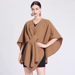 Dames Fashion Gebreide Poncho Cape Effen Kleur V-hals Knoop Ontwerp Losse Pasvorm Warme Winter Wikkel Cardigan Sjaal